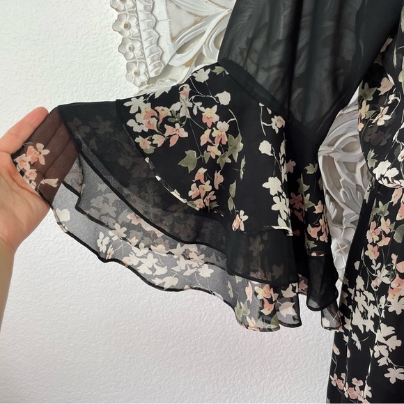 {MISA} Kateri Asymmetrical Black Floral Ruffle Tier Chiffon Maxi Dress, Size L - Picture 6 of 11